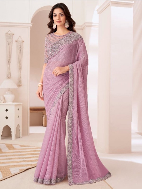 Chiffon  Party wear Saree Pink Color With Embroidery Work