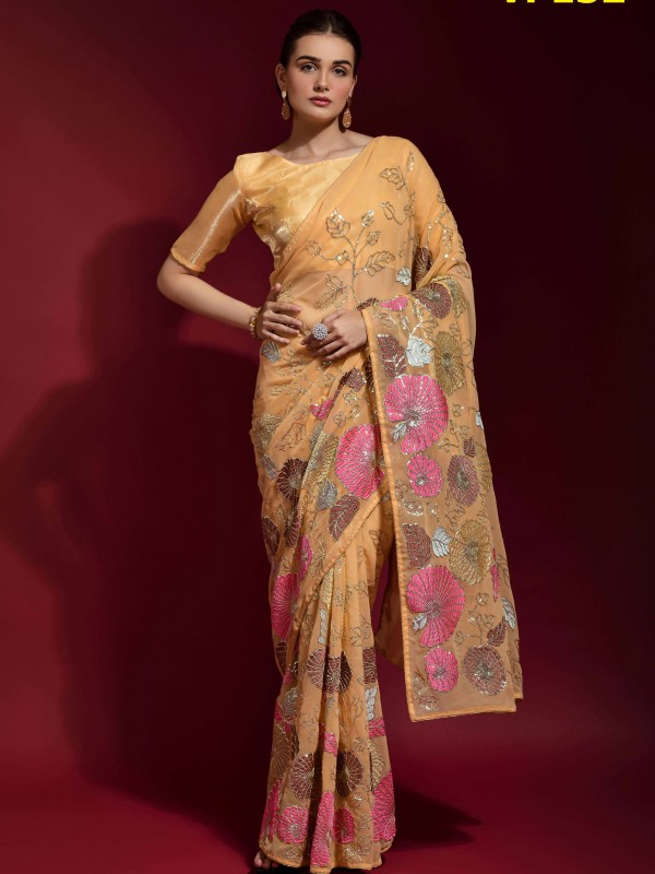 Party Wear Saree Peach Color Georgette Saree With Embroidery Work 