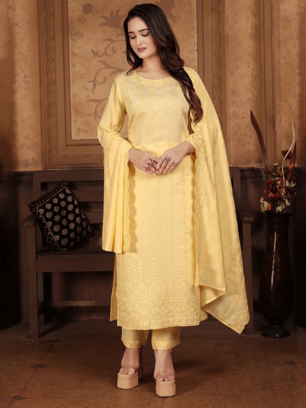 Chanderi Silk Party Wear Alia Salwar Suit in Yellow Color 