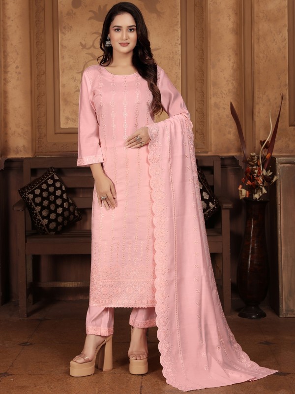 Chanderi Silk Party Wear Salwar Suit in Peach Color with Embroidery Work 