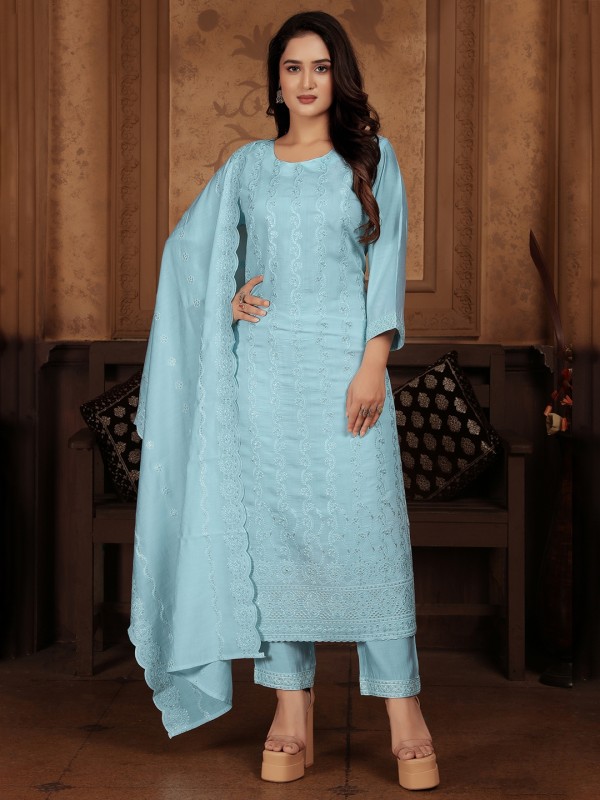 Chanderi Silk Party Wear Salwar Suit in Sky Blue Color with Embroidery Work 