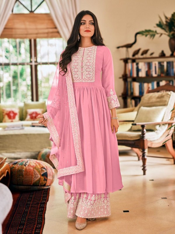 Pure Georgette Fabrics Party Wear Plazo Suit In Pink Color With Embroidery Work