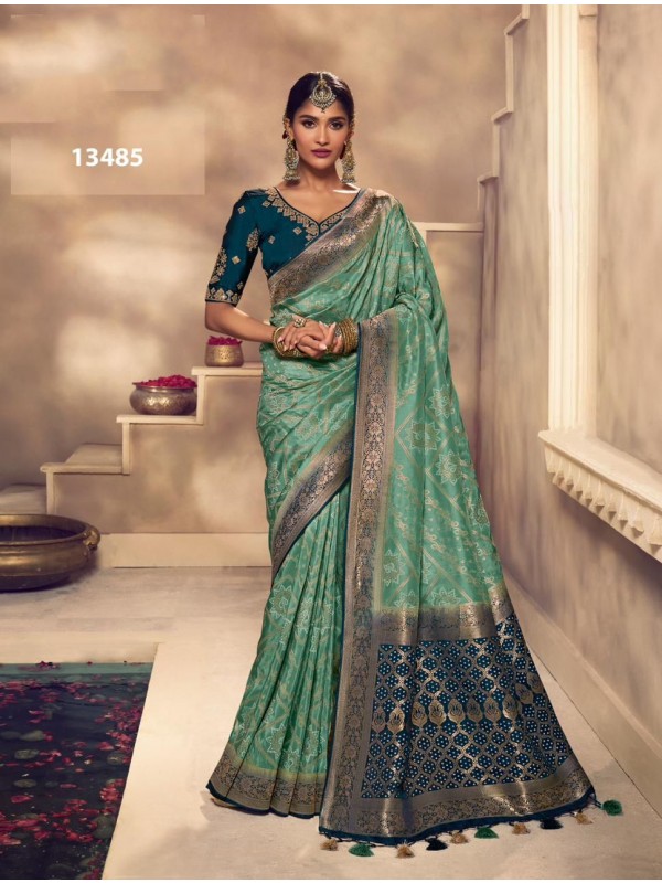 Pure  Silk Saree In Turquoise Color With Embroidery Work