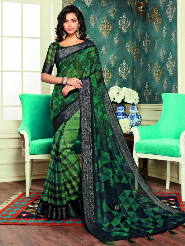 Green Digital Silk Digital Print Casual Wear Saree