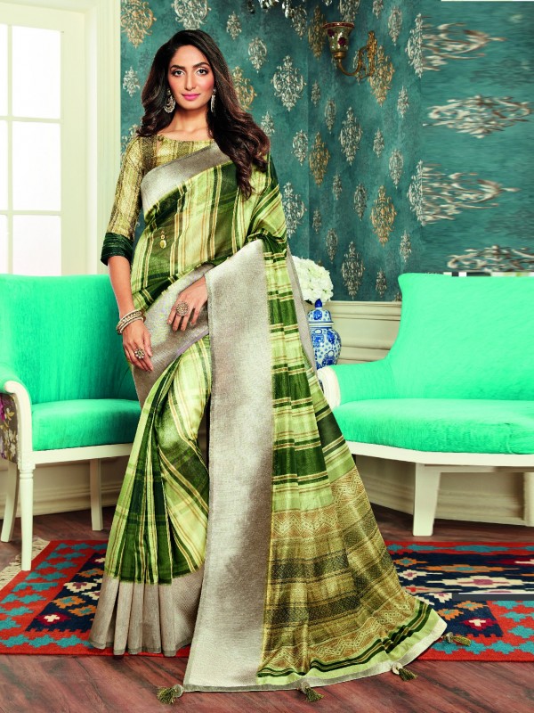 Beige Green Digital Silk Digital Print Casual Wear Saree