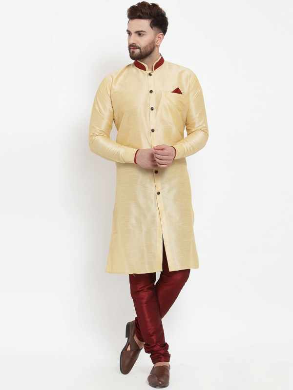 Banarasi Silk Readymade Kurta Set in Cream & Maroon