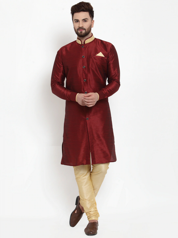 Banarasi Silk Readymade Kurta Set in Maroon & Cream