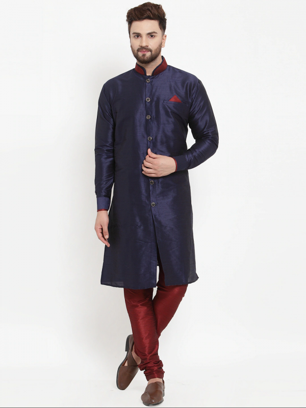 Banarasi Silk Readymade Kurta Set in Navy Blue & Maroon