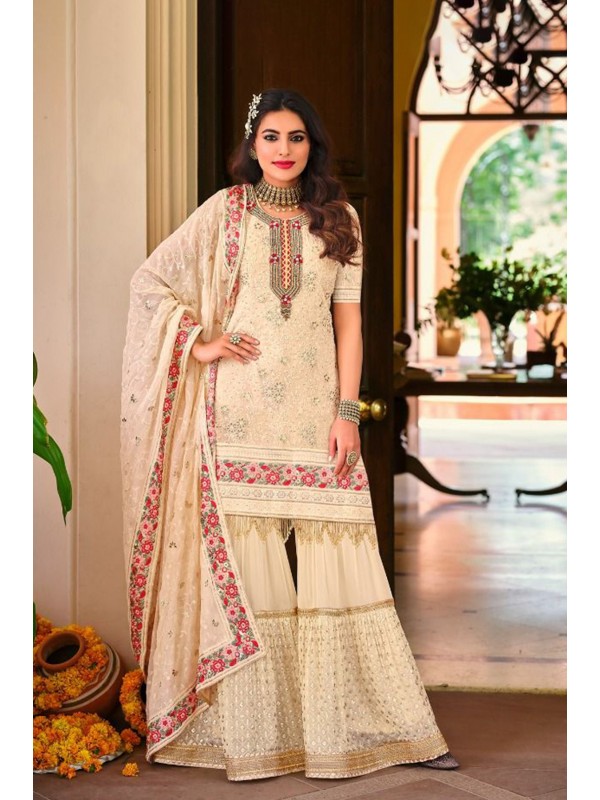 Faux georgette Party Wear  Readymade Sharara in Off White Color with Embroidery Work