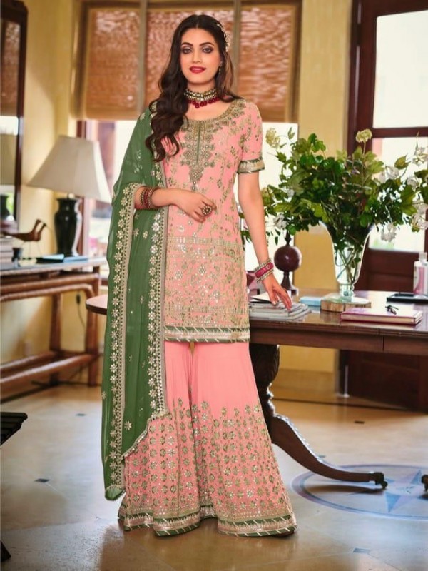 Faux georgette Party Wear  Readymade  Sharara  in Peach Color with  Embroidery Work