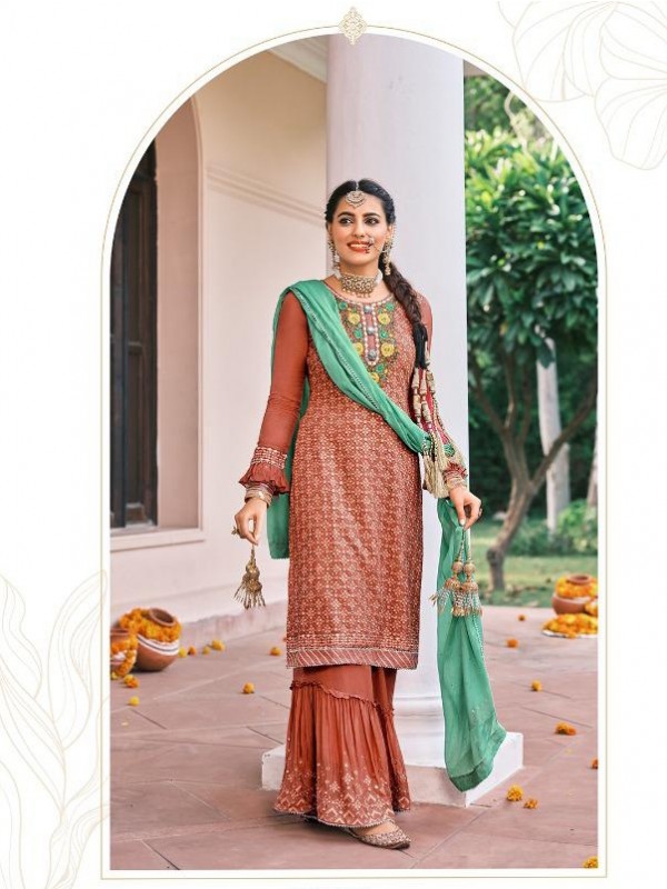 Real Geogratte  Party Wear  Readymade Sharara in Rust Color with  Embroidery Work