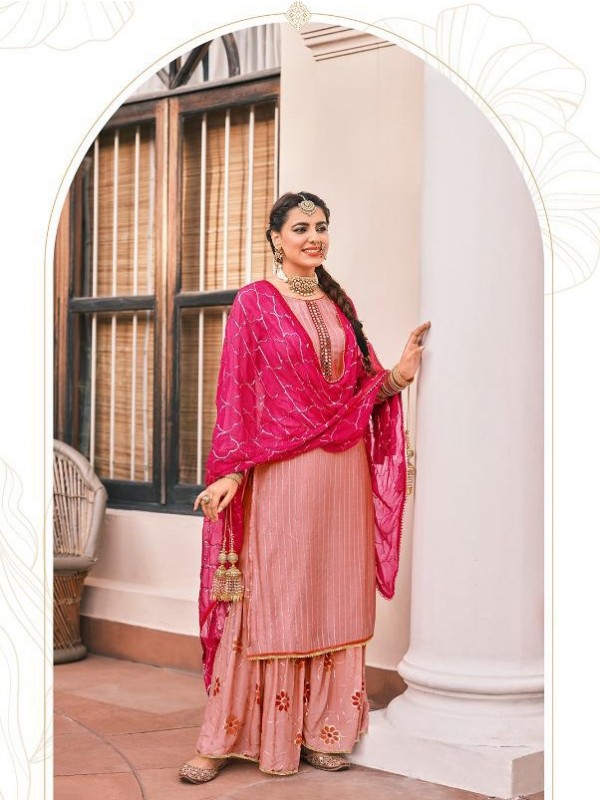 Real Geogratte  Party Wear Readymade Sharara in Peach Color with  Embroidery Work