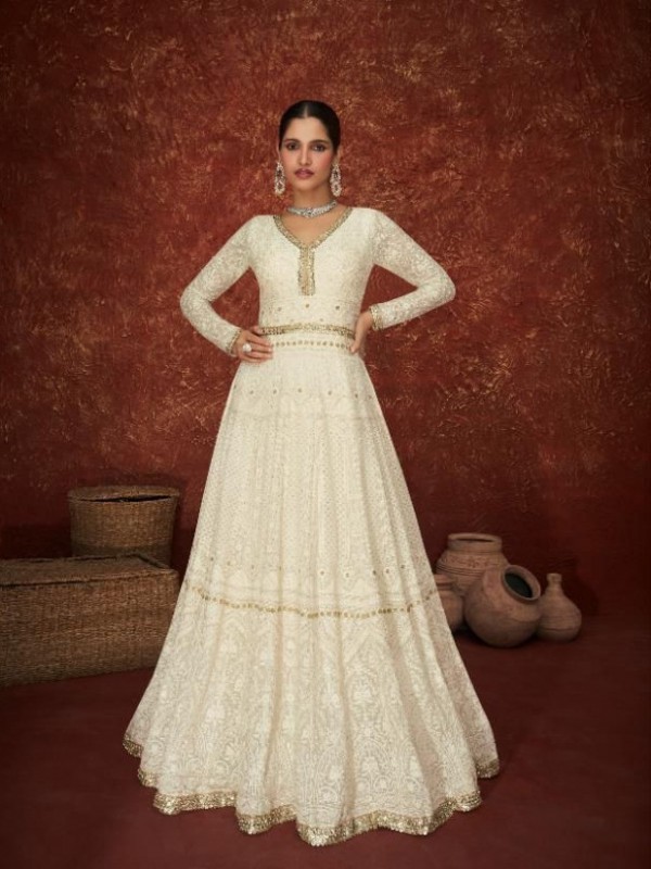 Pure Georgette Fabrics Party Wear Readymade Gown In White Color With Embroidery Work