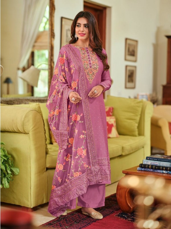 Pure Maheshwari Viscose Silk  Fabrics Party Wear Suit In Purple Color With Embroidery Work