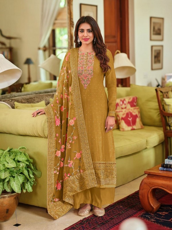 Pure Maheshwari Viscose Silk  Fabrics Party Wear Suit In Mustard Color With Embroidery Work