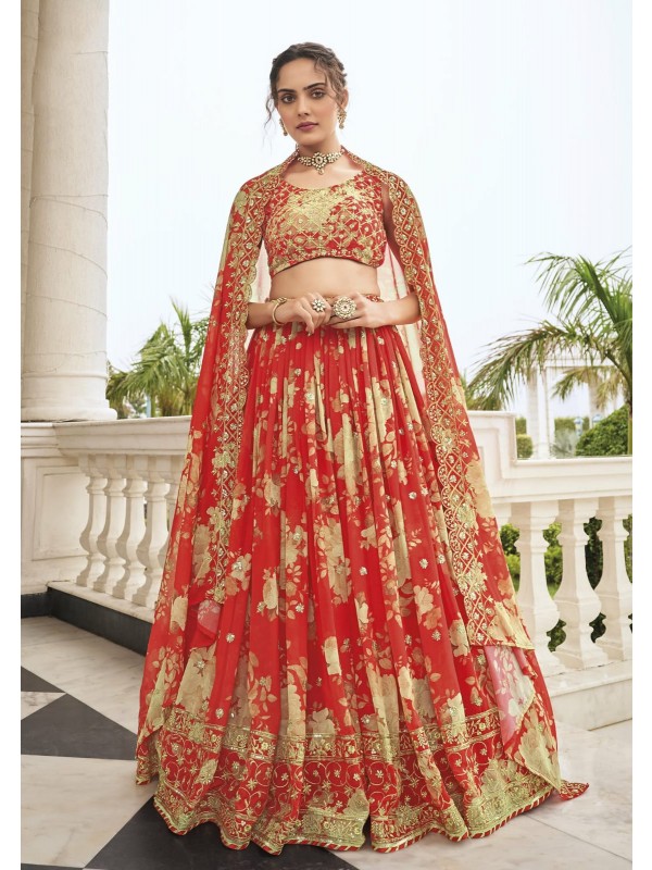 Georgette Party Wear Lehenga In Red Color  With Embroidery Work