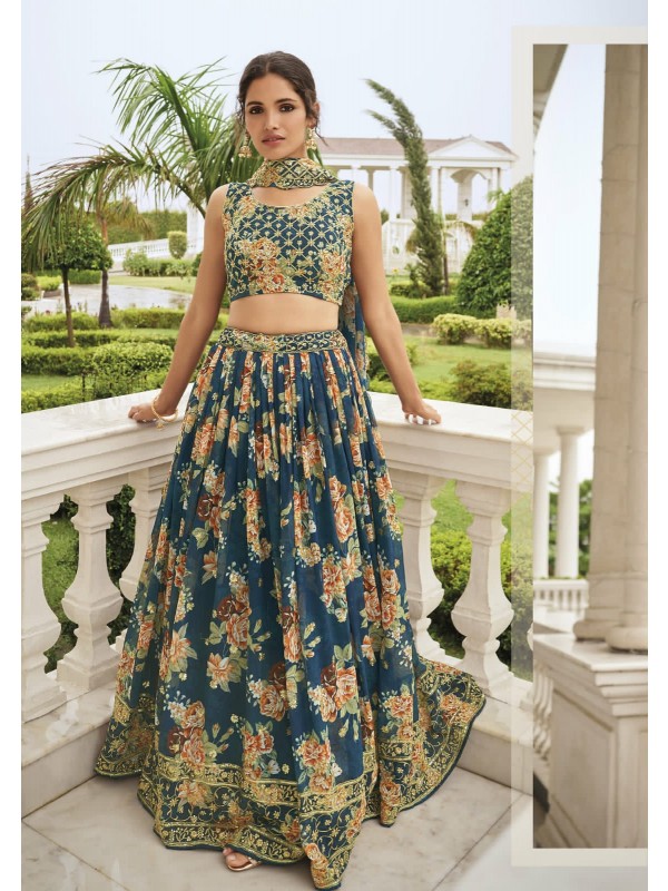 Georgette Party Wear Lehenga In Teal Blue Color  With Embroidery Work