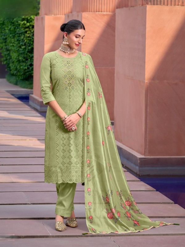 Pure Chanderi Silk Party Wear Suit In Pastel Green Color With Embroidery Chikankari Work 