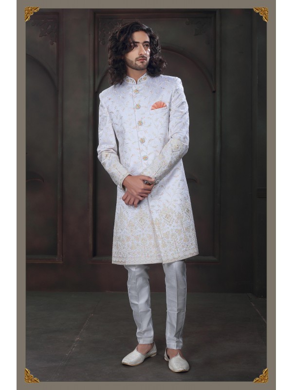 Heavy Imported Silk IndoWestern Ready Made Dress in Off White With Embordiery Work 