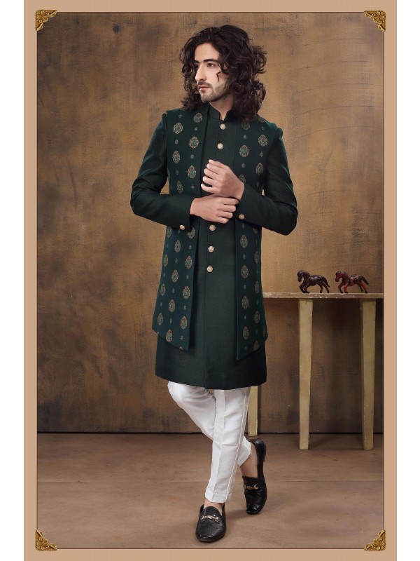 Heavy Imported Silk IndoWestern Ready Made Dress in Dark Green With Embordiery Work 