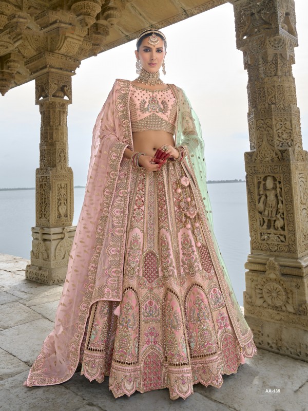 Pure Silk Bridal Lehenga in Peach Color With Embroidery work
