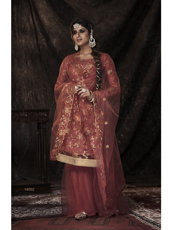 Soft Premium Net Party Wear Sharara In Orange With Embroidery Work 