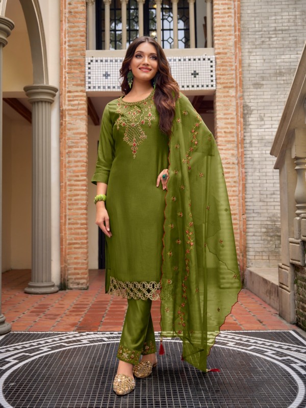 Pure Silk Party Wear Suit In Green Color With Embroidery Work 