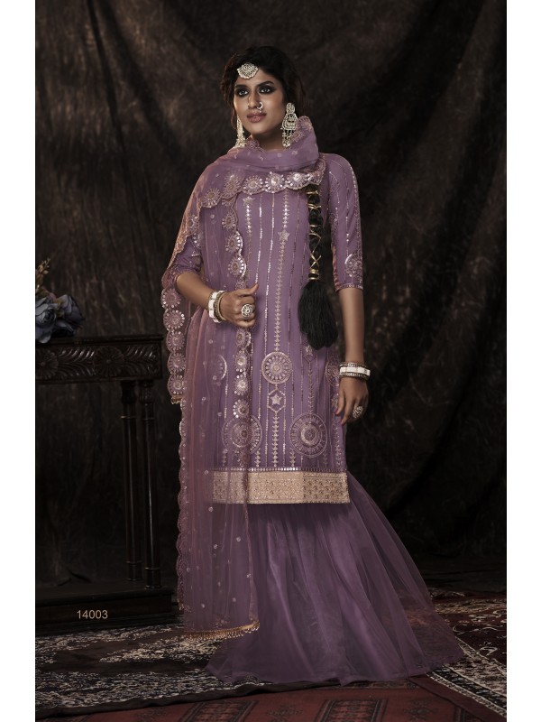 Soft Premium Net Party Wear Sharara In Purple With Embroidery Work 