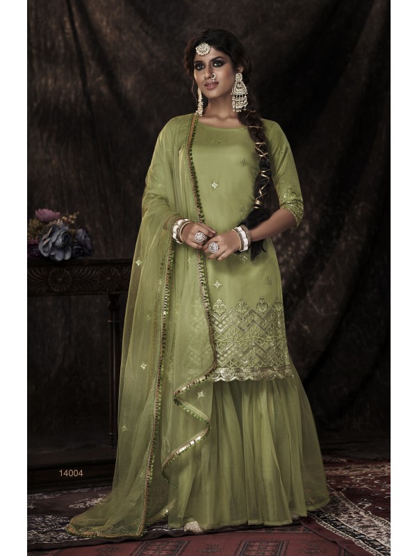 Soft Premium Net Party Wear Sharara In Green With Embroidery Work 