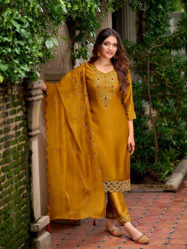 Pure Silk Party Wear Suit In Yellow Color With Embroidery Work 