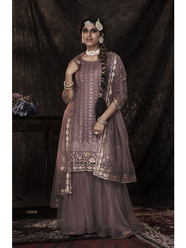 Soft Premium Net Party Wear Sharara In Mauve With Embroidery Work 