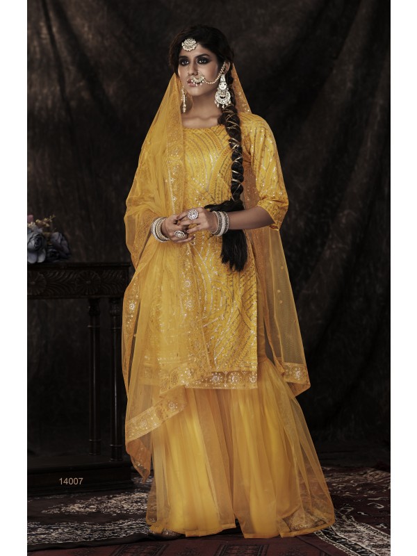 Soft Premium Net Party Wear Sharara In Mustard With Embroidery Work 