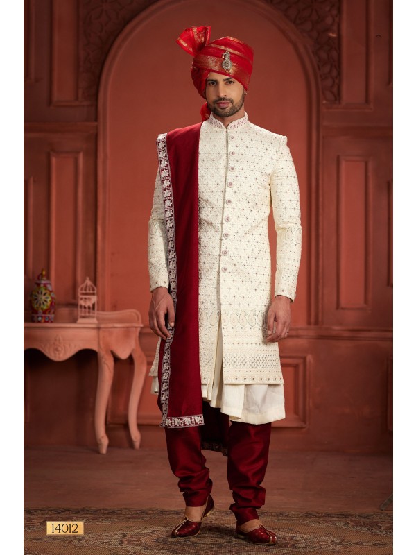 Pure Silk fabric with Embroidery Work Wedding Wear Sherwani set in Cream & Rani Color 