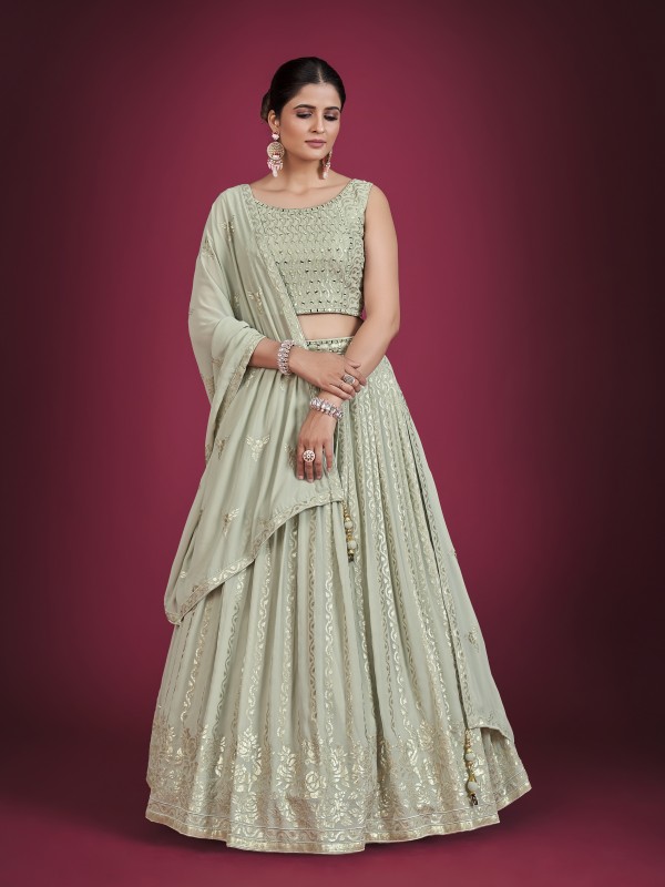 Georgette  Fabrics Party Wear Lehenga in Light Green Color With Embroidery Work 