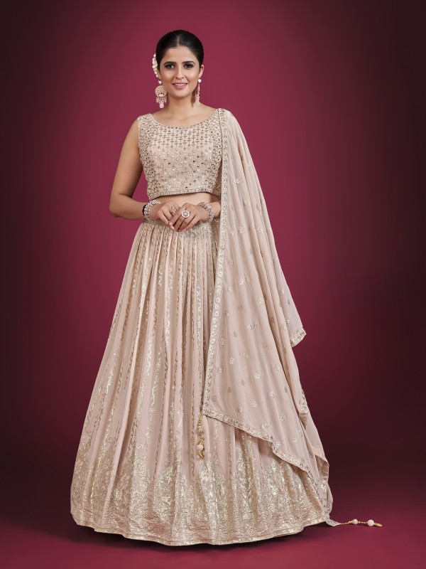 Georgette  Fabrics Party Wear Lehenga in Peach Color With Embroidery Work 