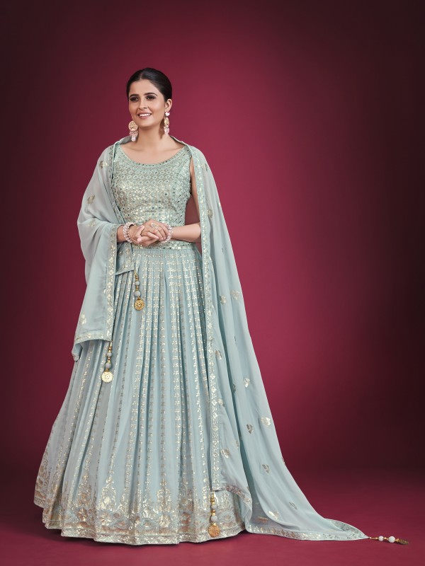 Georgette  Fabrics Party Wear Lehenga in Light Blue Color With Embroidery Work 