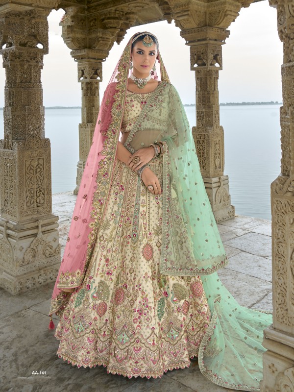 Pure Silk Bridal Lehenga in Beige Color With Embroidery work