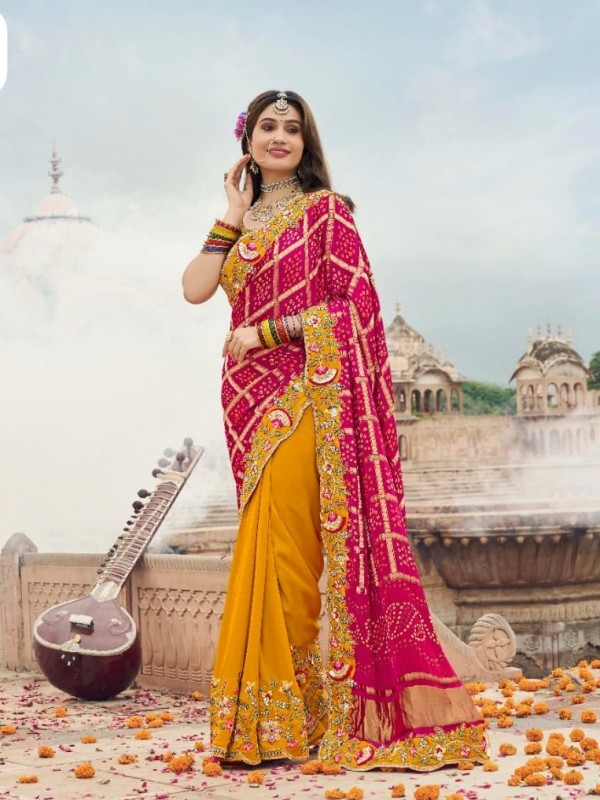 Pure Dola Silk Wedding Wear Saree In Pink & Mustard Color With Embroidery Work