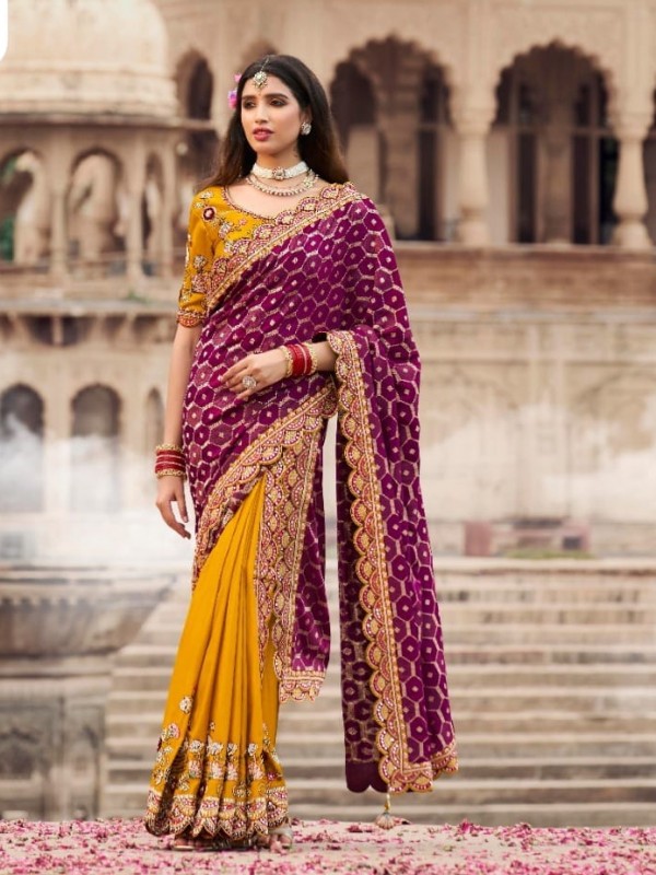 Pure Dola Silk Wedding Wear Saree In Burgundy & Mustard Color With Embroidery Work