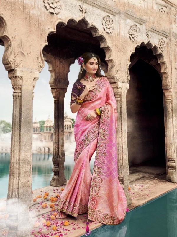 Pure Dola Silk Wedding Wear Saree In Pink Color With Embroidery Work