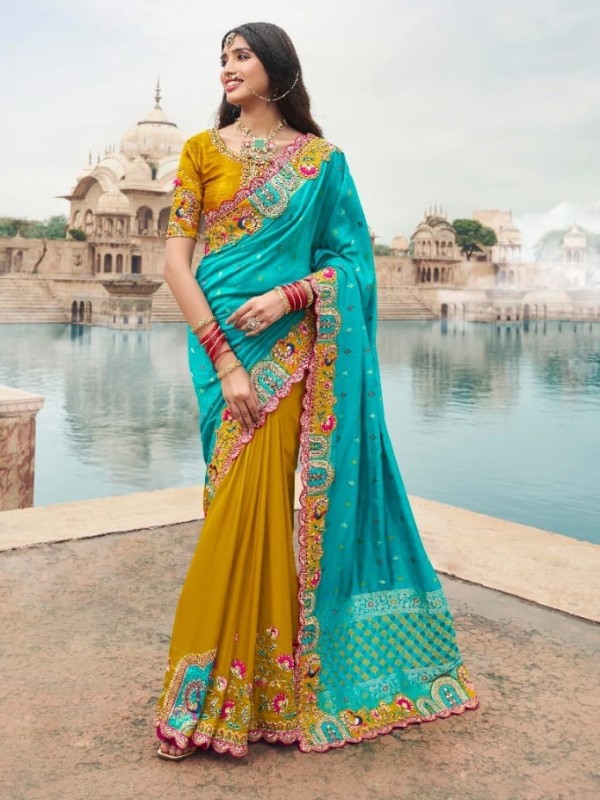 Pure Dola Silk Wedding Wear Saree In Turquoise & Mustard Color With Embroidery Work