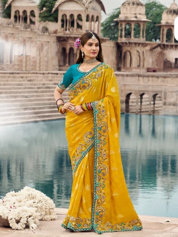 Pure Dola Silk Wedding Wear Saree In Yellow Color With Embroidery Work