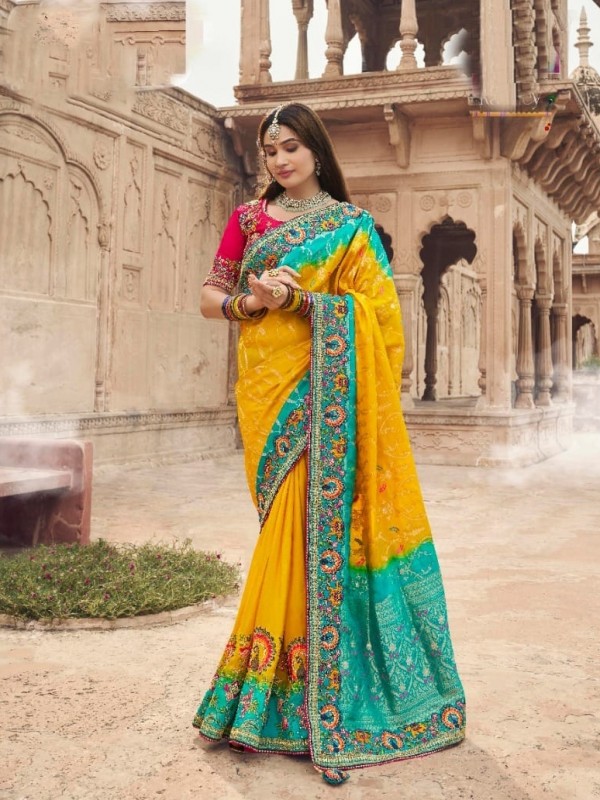 Pure Dola Silk Wedding Wear Saree In Yellow Color With Embroidery Work