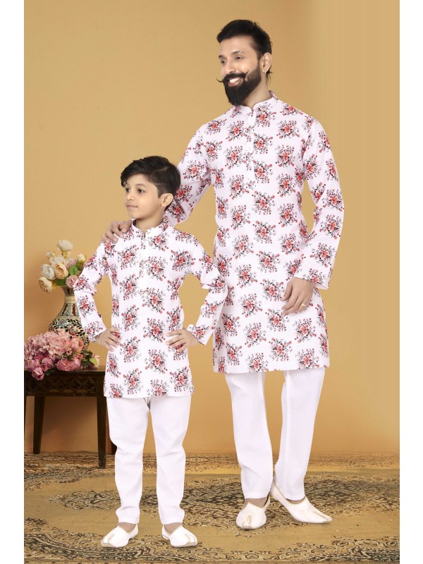 Cotton Printed Father & Son Combo Kurta Set In Off White With Multi Color 