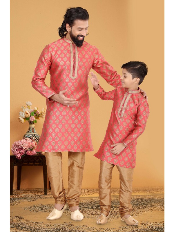 Jacquard Silk Father & Son Combo Kurta Set In Pink With Golden 