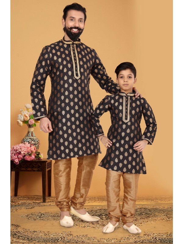 Jacquard Silk Father & Son Combo Kurta Set In Black With Golden 