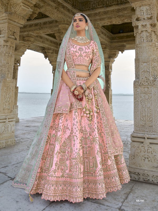 Pure Silk Bridal Lehenga in Light Pink Color With Embroidery work