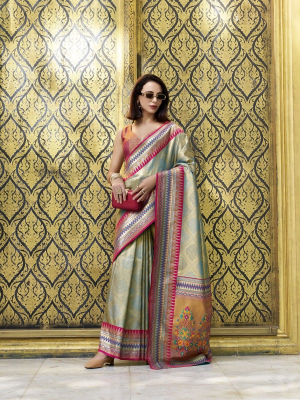 Tissue Silk Party wear Saree In Multi Color with Zari Weaving 
