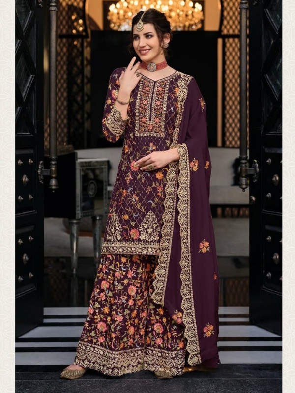 Heavy Georgette Party Wear Sarara in Violet Color with  Embroidery Work