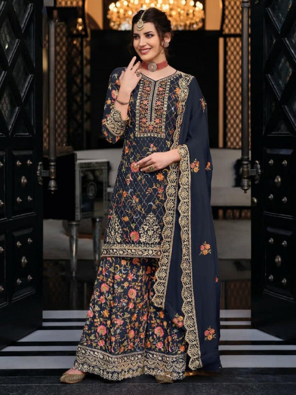 Heavy Georgette Party Wear Sarara in Blue Color with  Embroidery Work